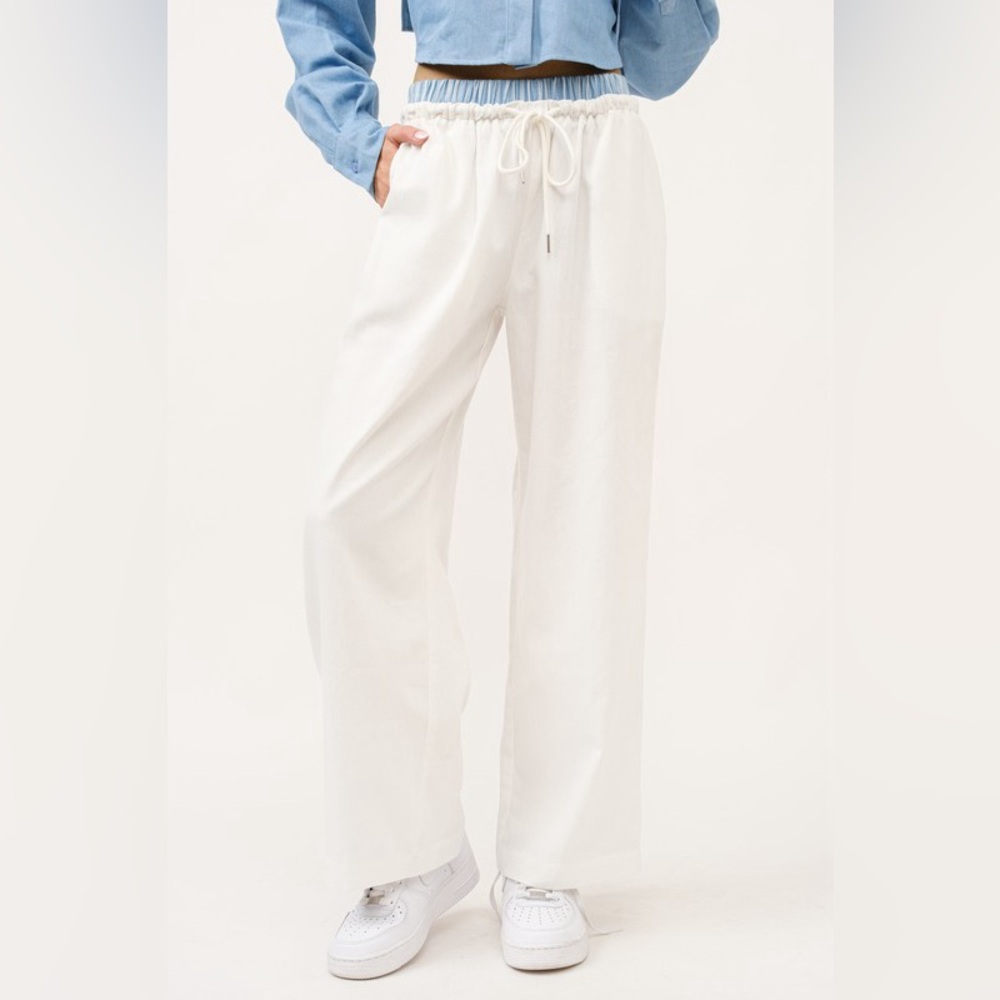 Hersy Casual Wide-Leg White Pants with Drawstring Waist